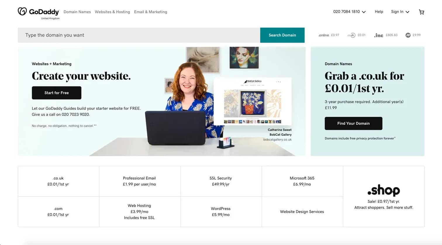 GoDaddy's homepage, with the domain search box at the top.