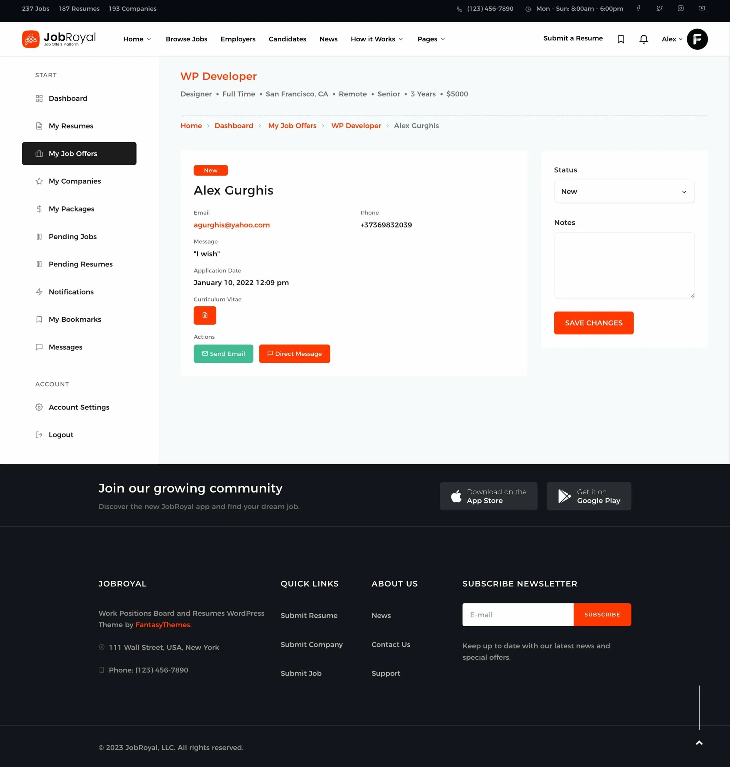 An applicant's details for the WP Developer listing, with Send Email and Direct Message buttons beside a status panel.