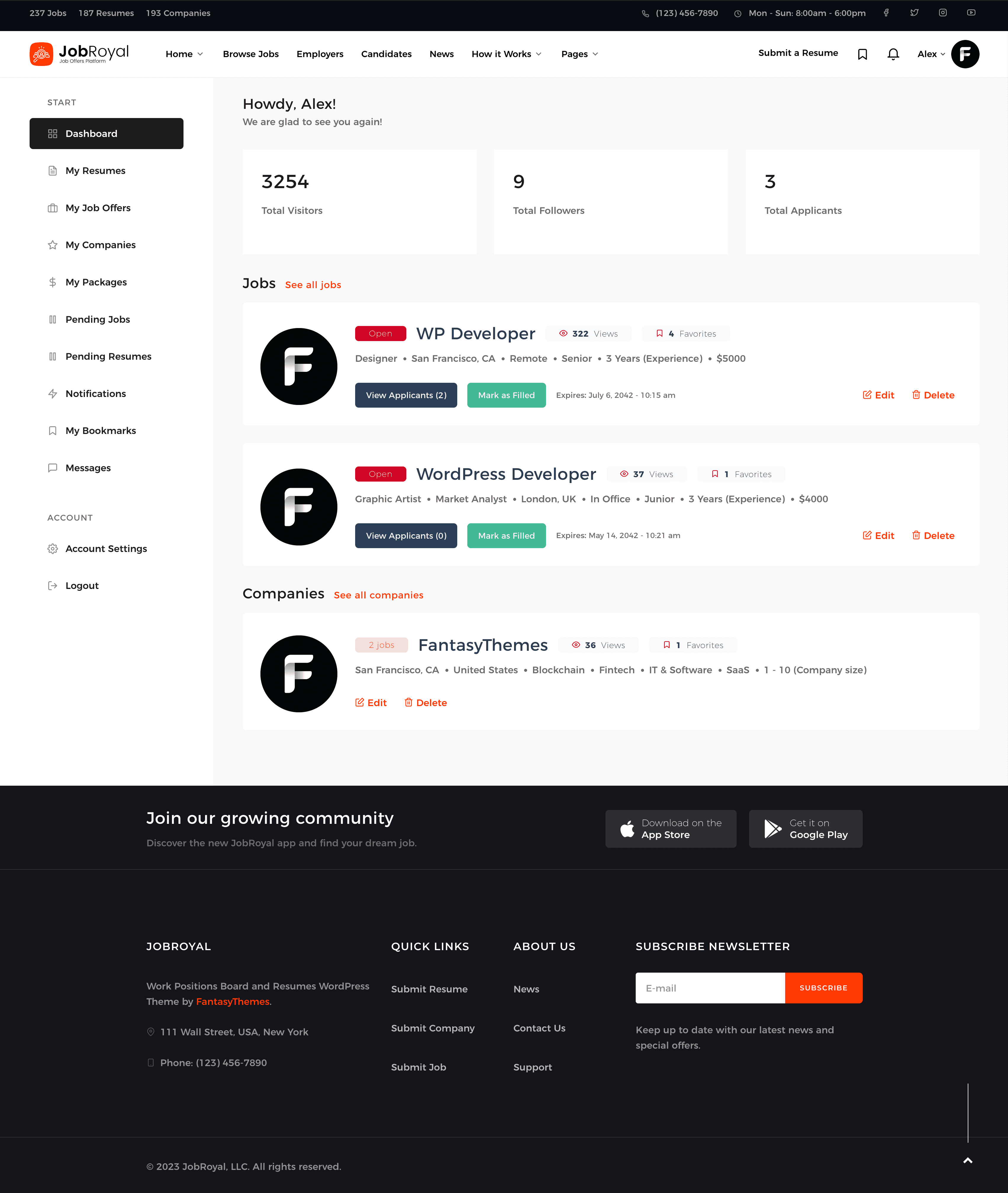 The JobRoyal dashboard, with visitor and applicant counts above the employer's own listings and company profile.