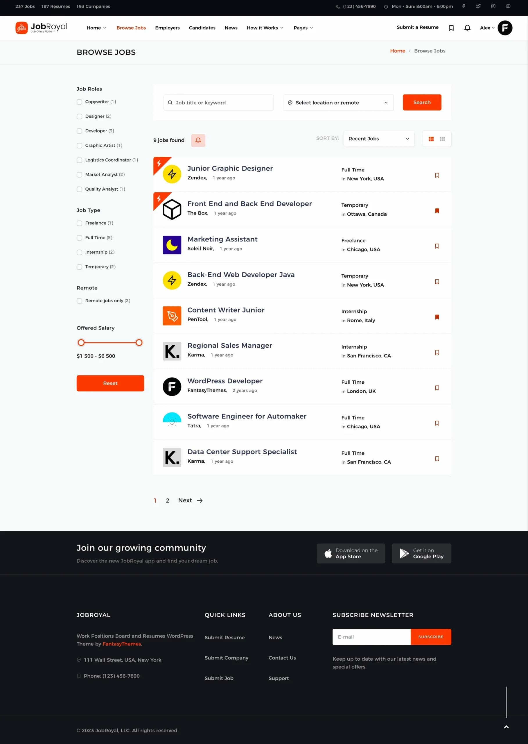 The Browse Jobs page, with filters for role, job type, remote work and salary range beside the results.