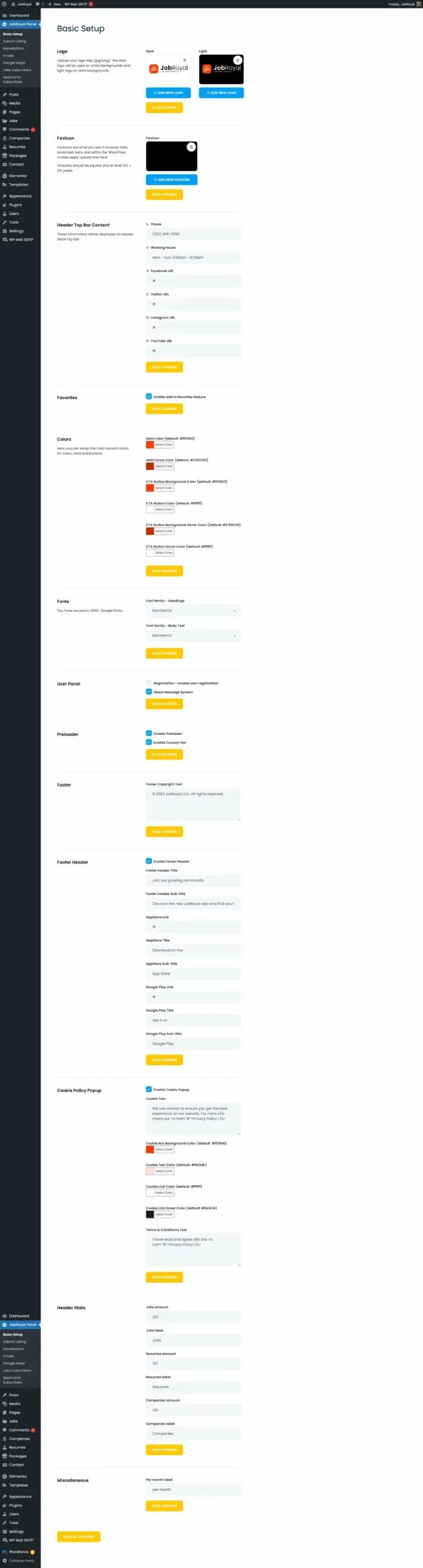 JobRoyal's Basic Setup panel in the WordPress admin, covering logo, favicon, colours, fonts and footer.
