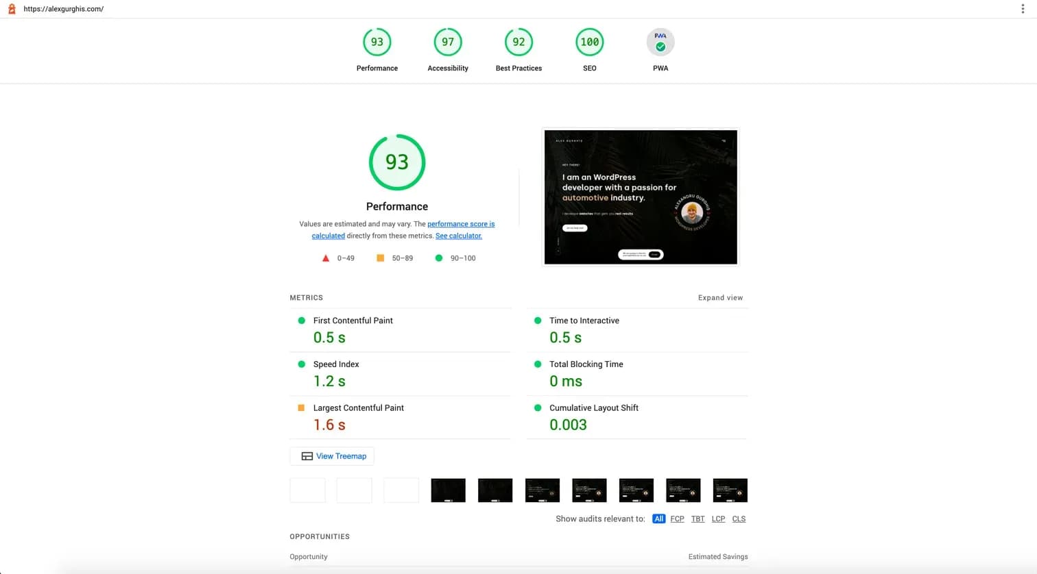 A Lighthouse report for alexgurghis.com: 93 performance, 97 accessibility, 92 best practices, 100 SEO.