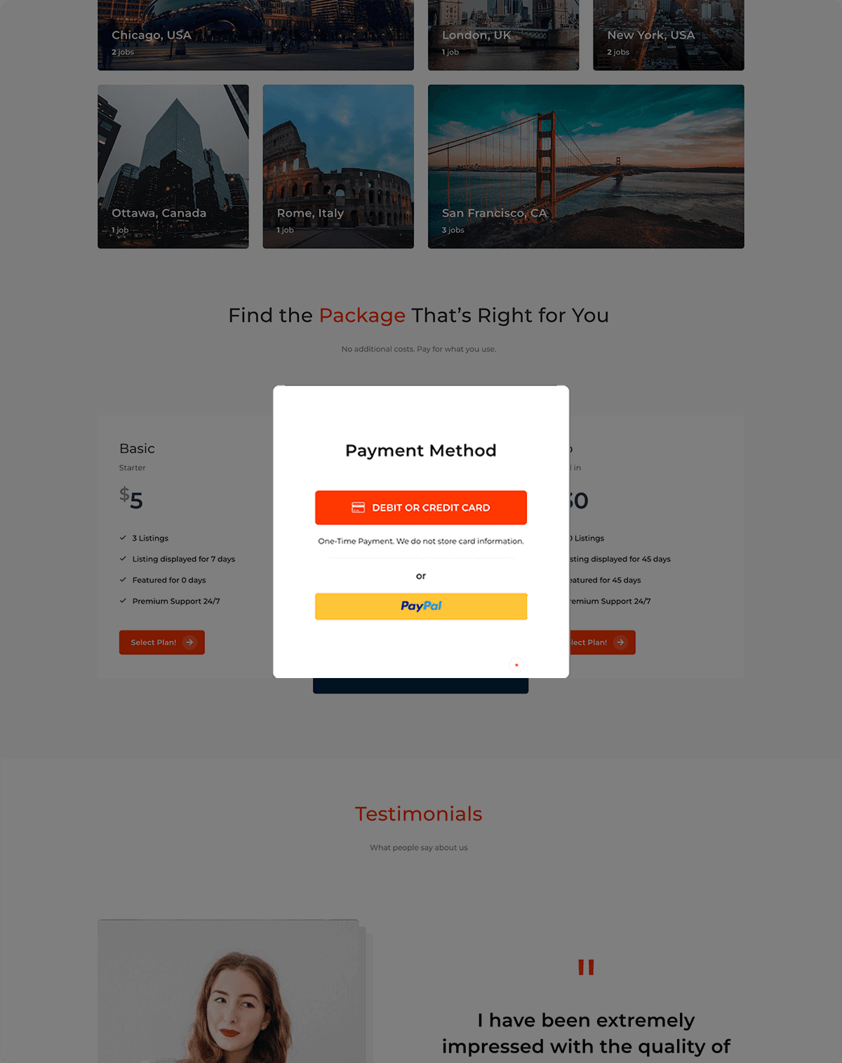 The checkout modal offering card or PayPal payment over JobRoyal's pricing packages.