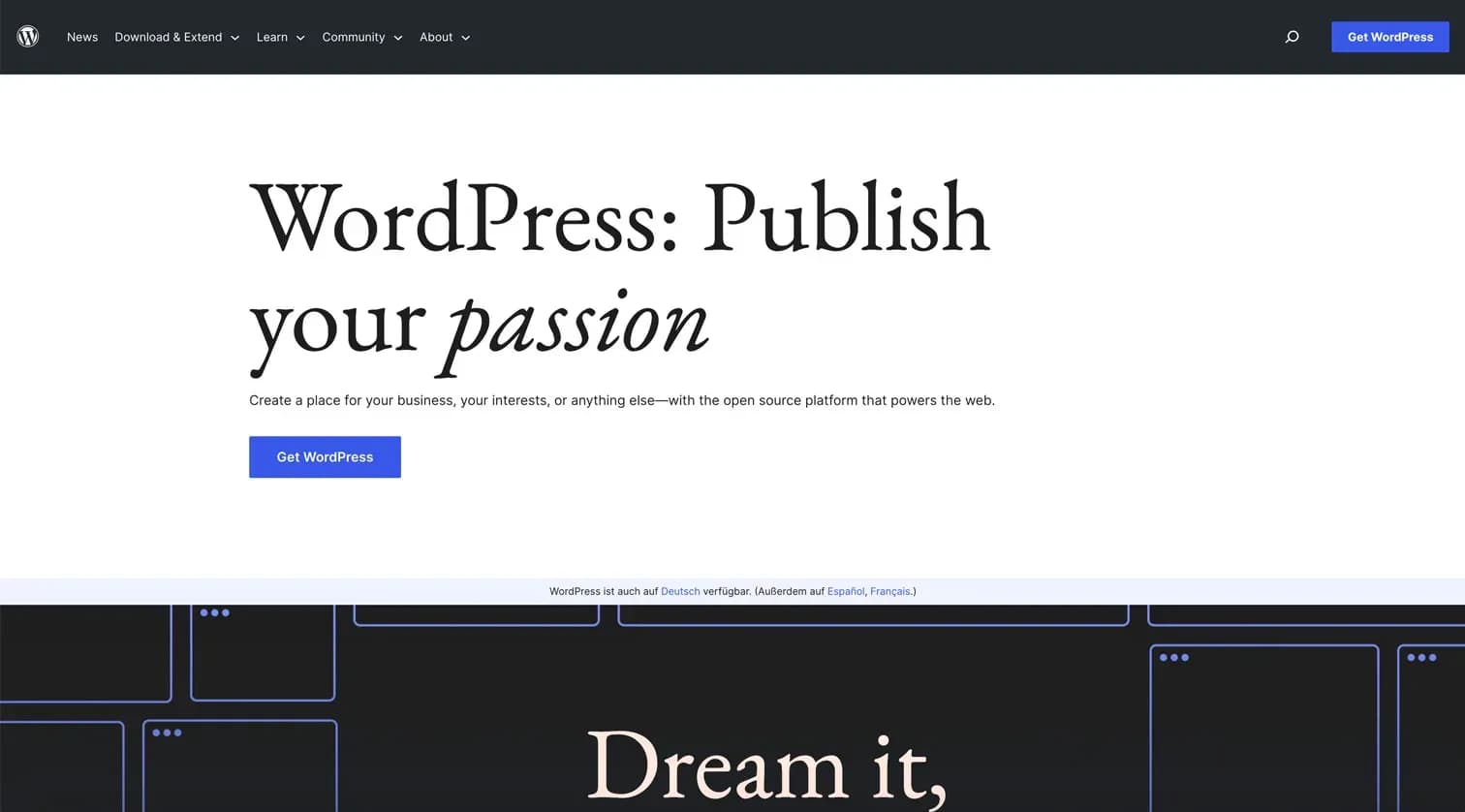 The WordPress.org homepage and its Get WordPress download button.