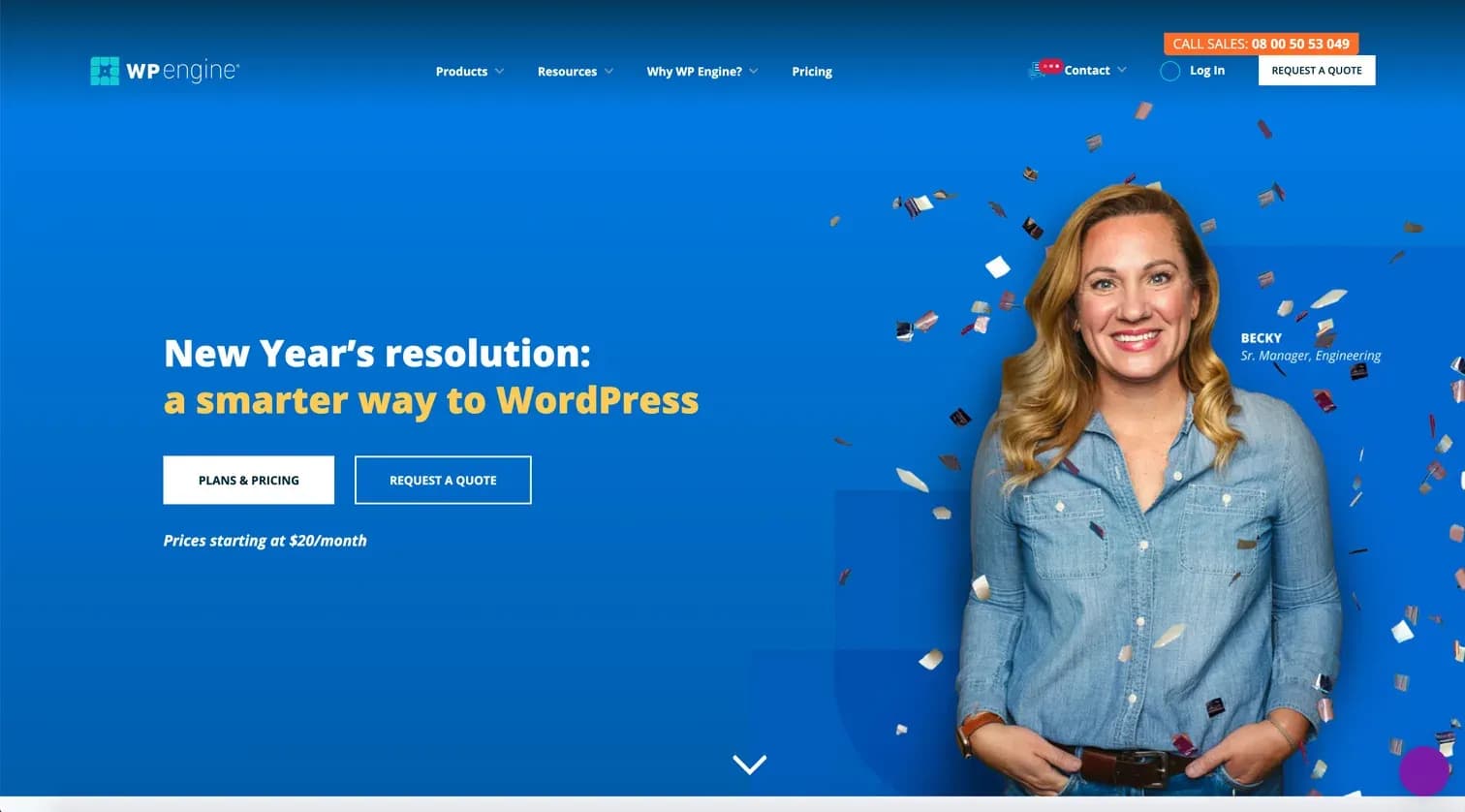 WP Engine's homepage, advertising managed WordPress hosting from $20 a month.
